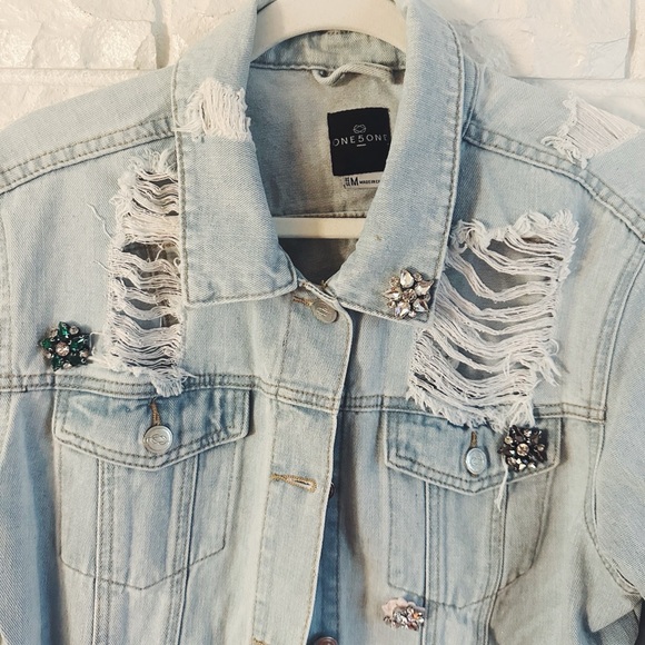 one 5 one Light Blue Distressed Jean Jacket with Embellishments - Picture 2 of 5